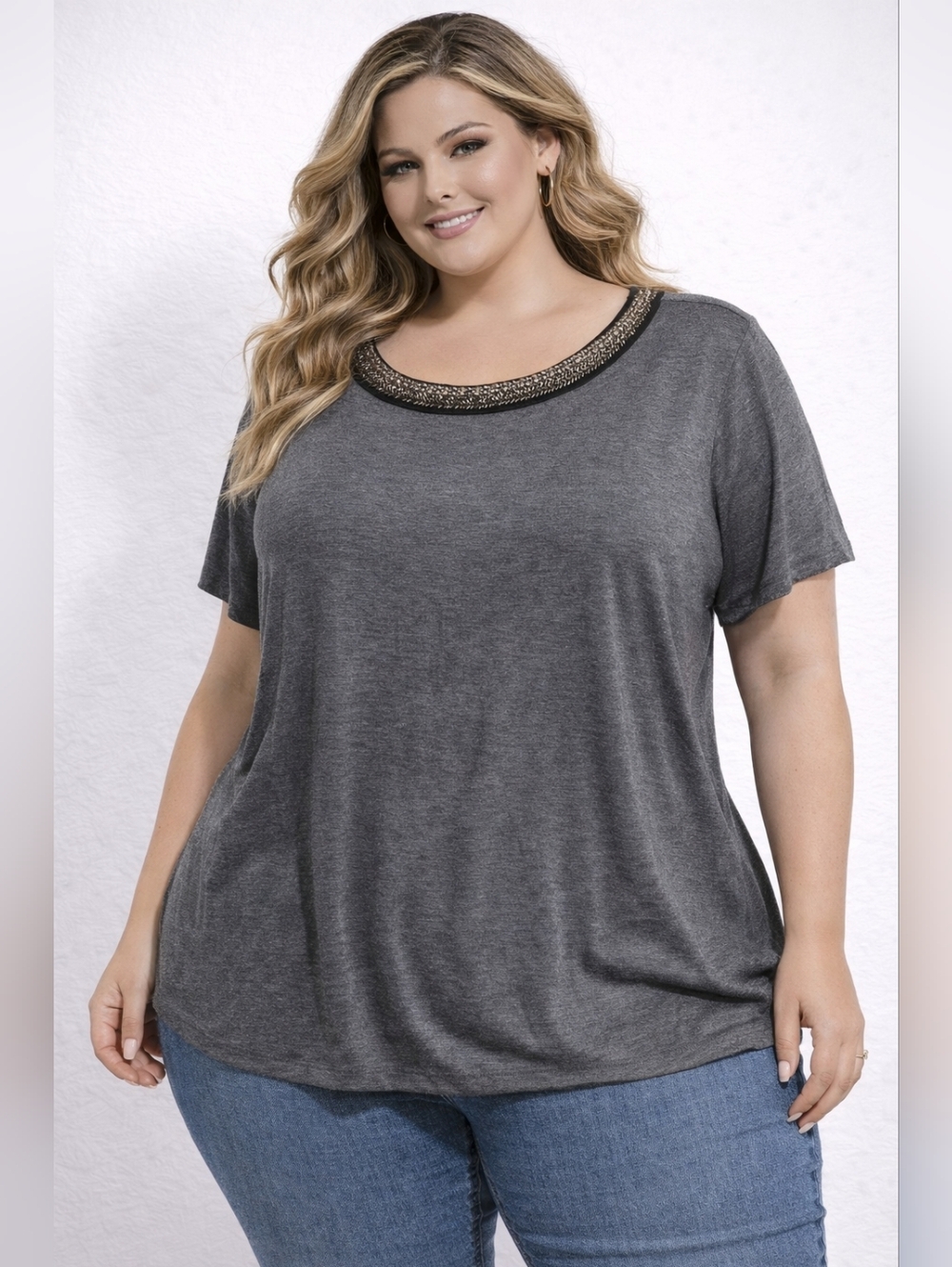 NWT! a.n.a Gray Beaded Neck Top Plus Size 1X Embellished Scoop Neck Short Sleeve